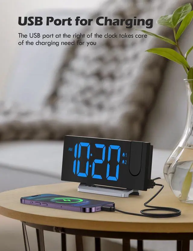 Alt view image 11 of 12 - Projection Alarm Clock with FM Radio, USB Charging Port, 0-100% Dimmer, Dual Alarms, HD LED Display, 30 Preset Stations, Sleep Timer, 5 Alarm Sounds, Snooze, Curved Screen, Digital Clock for Bedroom