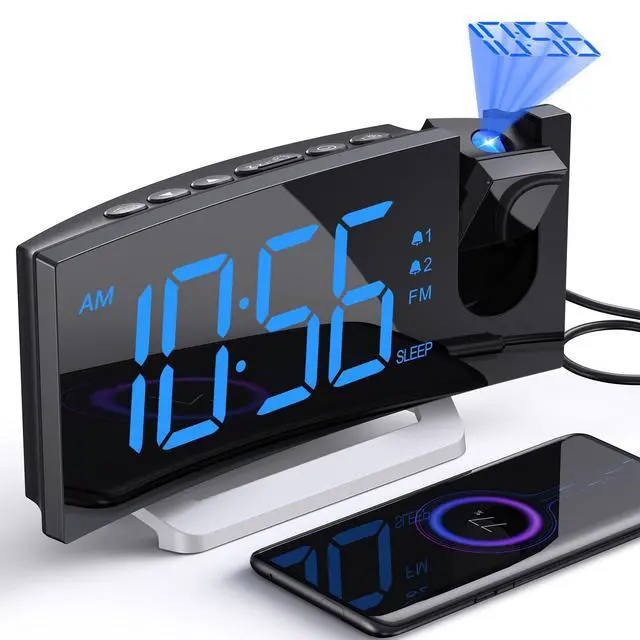 Alt view image 7 of 12 - Projection Alarm Clock with FM Radio, USB Charging Port, 0-100% Dimmer, Dual Alarms, HD LED Display, 30 Preset Stations, Sleep Timer, 5 Alarm Sounds, Snooze, Curved Screen, Digital Clock for Bedroom