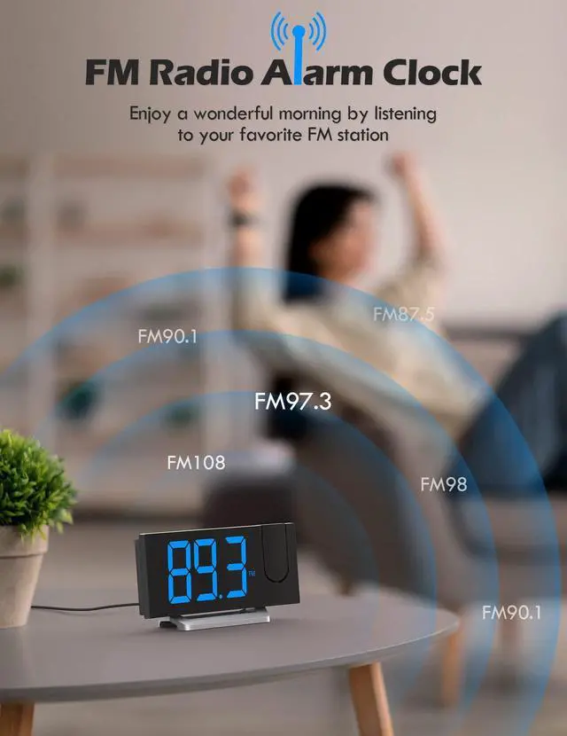Alt view image 10 of 12 - Projection Alarm Clock with FM Radio, USB Charging Port, 0-100% Dimmer, Dual Alarms, HD LED Display, 30 Preset Stations, Sleep Timer, 5 Alarm Sounds, Snooze, Curved Screen, Digital Clock for Bedroom