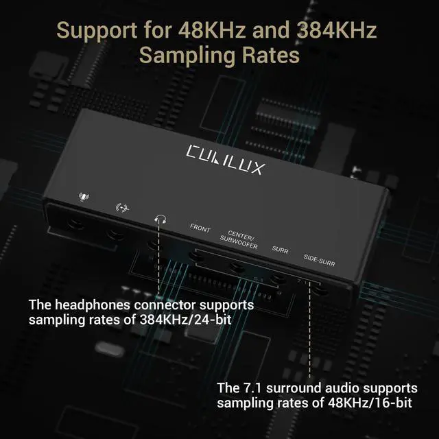 Alt view image 10 of 12 - 7.1 USB Surround Sound Card- 48KHz-384KHz Sample Rate for Headphones, Full Aluminum Alloy USB A External Sound Card for Laptop PC-Supports Line-in & Stereo Mic in