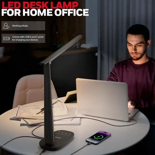 Alt view image 11 of 14 - LED Desk Lamp for Home Office, Eye-Caring Light with 4 Color Modes & Touch Control, USB A+C Charging Ports, Adjustable Rotating Head with Timer for Reading, Bedroom & Small Desks
