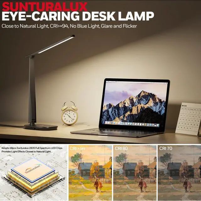 Alt view image 10 of 14 - LED Desk Lamp for Home Office, Eye-Caring Light with 4 Color Modes & Touch Control, USB A+C Charging Ports, Adjustable Rotating Head with Timer for Reading, Bedroom & Small Desks