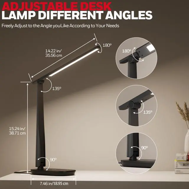 Alt view image 12 of 14 - LED Desk Lamp for Home Office, Eye-Caring Light with 4 Color Modes & Touch Control, USB A+C Charging Ports, Adjustable Rotating Head with Timer for Reading, Bedroom & Small Desks