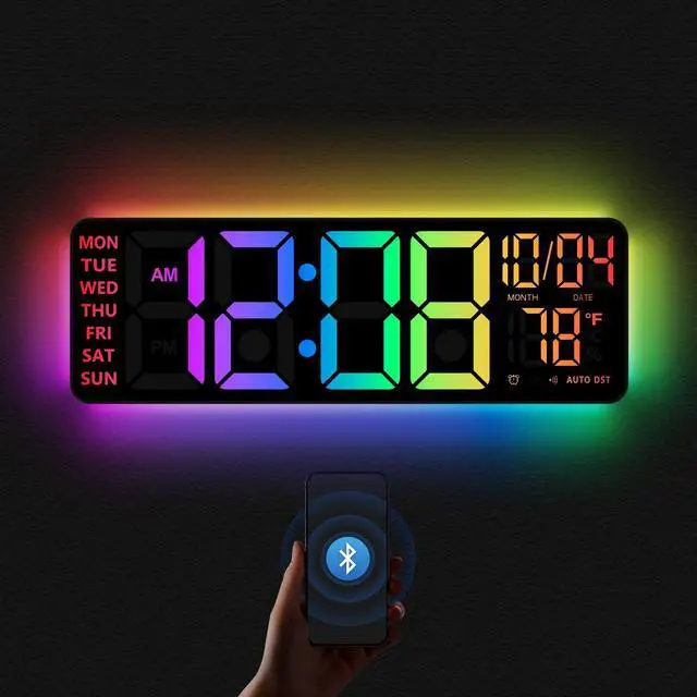 Alt view image 7 of 12 - 16" Digital Wall Clock with Night Light, Digital Clock with RGB Colors Changing Remote Control, Dual Alarm, Dimmer, Auto DST, Voice Control, Auto Time Sync, Clocks for Living Room, Gift for Elderly