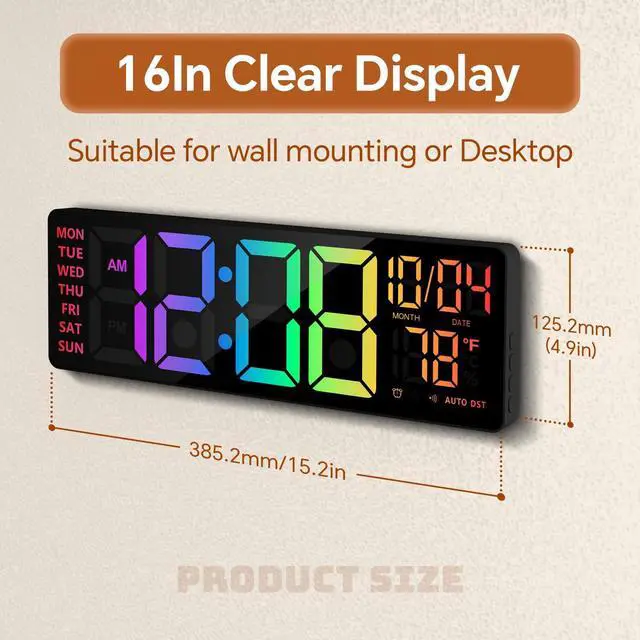 Alt view image 8 of 12 - 16" Digital Wall Clock with Night Light, Digital Clock with RGB Colors Changing Remote Control, Dual Alarm, Dimmer, Auto DST, Voice Control, Auto Time Sync, Clocks for Living Room, Gift for Elderly