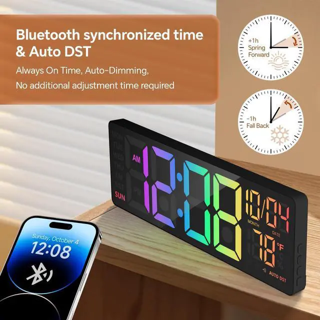 Alt view image 10 of 12 - 16" Digital Wall Clock with Night Light, Digital Clock with RGB Colors Changing Remote Control, Dual Alarm, Dimmer, Auto DST, Voice Control, Auto Time Sync, Clocks for Living Room, Gift for Elderly