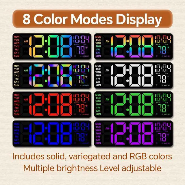 Alt view image 9 of 12 - 16" Digital Wall Clock with Night Light, Digital Clock with RGB Colors Changing Remote Control, Dual Alarm, Dimmer, Auto DST, Voice Control, Auto Time Sync, Clocks for Living Room, Gift for Elderly