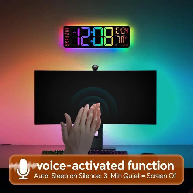 Alt view image 12 of 12 - 16" Digital Wall Clock with Night Light, Digital Clock with RGB Colors Changing Remote Control, Dual Alarm, Dimmer, Auto DST, Voice Control, Auto Time Sync, Clocks for Living Room, Gift for Elderly