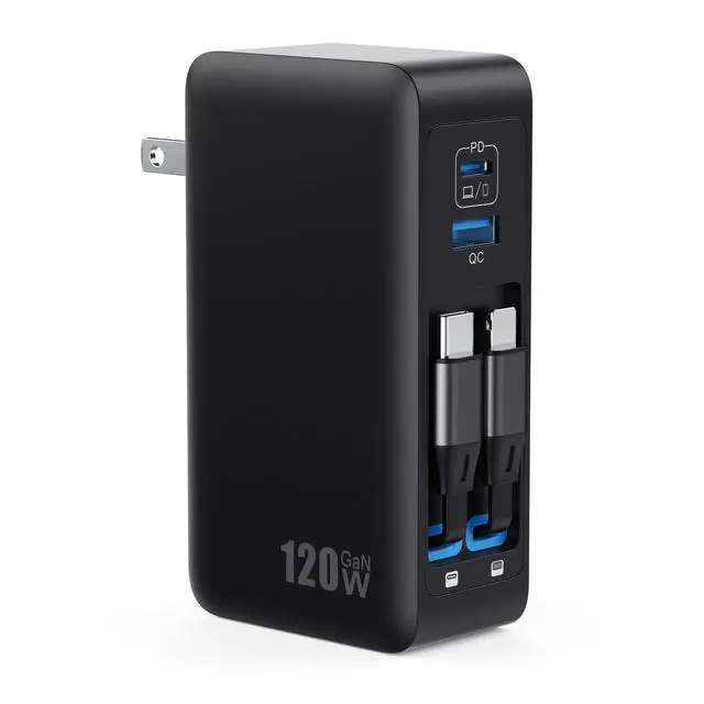 Alt view image 8 of 14 - 120W USB C Charger Block with 2 Built-in Retractable Cables,4-in-1 GaN IV Foldable Plug Wall Charger Fast Charging Station,PD 65W Laptop Adapter for MacBook/iPad,iPhone 16/15/14,Android (Black)