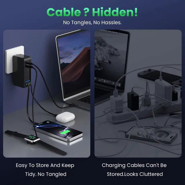 Alt view image 12 of 14 - 120W USB C Charger Block with 2 Built-in Retractable Cables,4-in-1 GaN IV Foldable Plug Wall Charger Fast Charging Station,PD 65W Laptop Adapter for MacBook/iPad,iPhone 16/15/14,Android (Black)