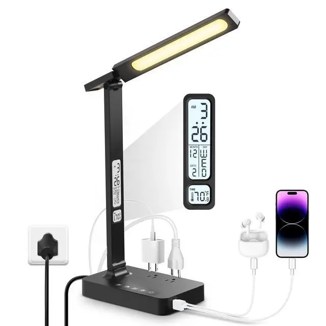 Alt view image 8 of 14 - Desk Lamp with USB Charging Port: LED Stepless Dimmable Eye Caring Desk Light for Home Office - 1 Type-C, 1 USB-A Charging Port, 2 AC Power Outlets, Multiple Light Modes for Study and Bedroom
