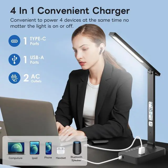 Alt view image 9 of 14 - Desk Lamp with USB Charging Port: LED Stepless Dimmable Eye Caring Desk Light for Home Office - 1 Type-C, 1 USB-A Charging Port, 2 AC Power Outlets, Multiple Light Modes for Study and Bedroom