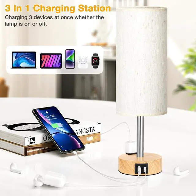 Alt view image 10 of 14 - Touch Bedside Table Lamps Set - 3 Way Dimmable Bedroom Lamps Set of 2 with USB C and A Ports, Small Lamps for Nightstand with AC Outlet, Wood Base Round Flaxen Shade for Desk, Office, Dorm, Nursery