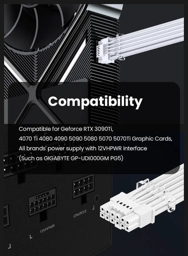 Alt view image 13 of 14 - 16pin(12+4) GPU Power Cable - 70cm PCI-e 5.0 600W 12VHPWR Male to Male 12V-2x6 PSU Sleeved Cable for RTX 5070 Ti 5090 5080 4070Ti 4090 4080 to ATX 3.1/3.0 Modular Power Supply (White)