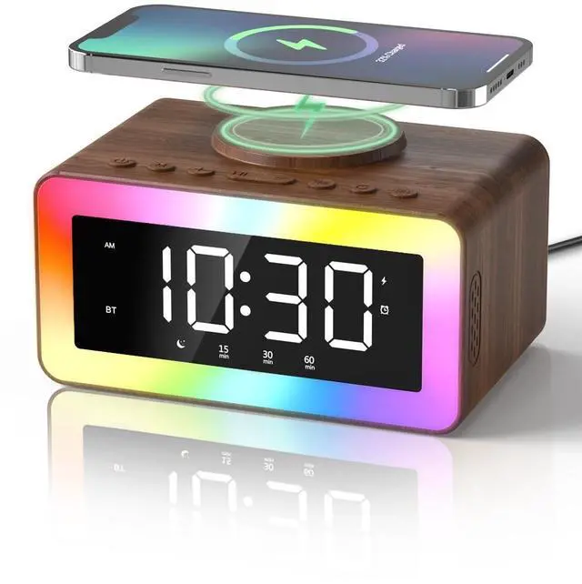 Alt view image 8 of 14 - Alarm Clock with Wireless Charging, Bluetooth Speaker, White/Brown Noise Sound Machine Night Light, Wooden Digital Alarm Clocks for Bedrooms, Wireless Charger for iPhone, Birthday Gifts for Men Women