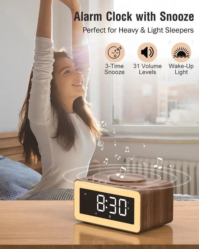 Alt view image 11 of 14 - Alarm Clock with Wireless Charging, Bluetooth Speaker, White/Brown Noise Sound Machine Night Light, Wooden Digital Alarm Clocks for Bedrooms, Wireless Charger for iPhone, Birthday Gifts for Men Women
