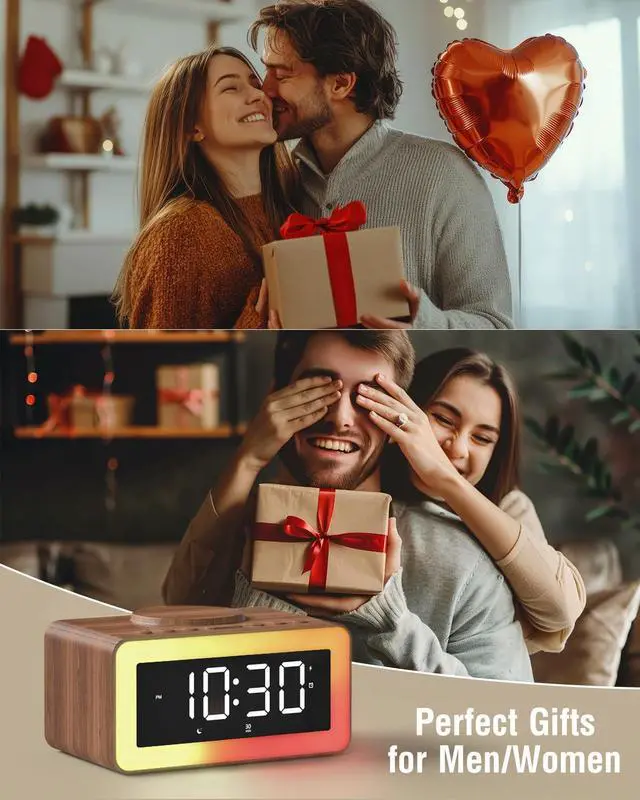 Alt view image 10 of 14 - Alarm Clock with Wireless Charging, Bluetooth Speaker, White/Brown Noise Sound Machine Night Light, Wooden Digital Alarm Clocks for Bedrooms, Wireless Charger for iPhone, Birthday Gifts for Men Women