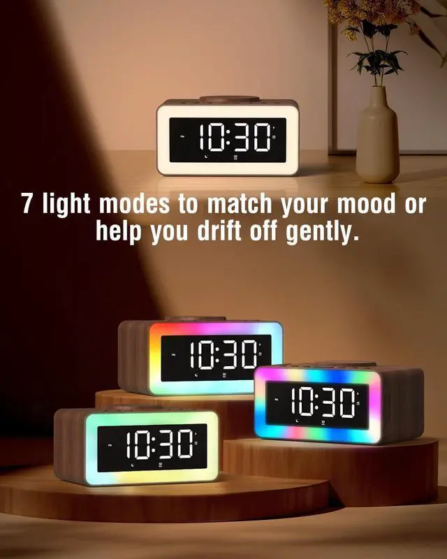 Alt view image 14 of 14 - Alarm Clock with Wireless Charging, Bluetooth Speaker, White/Brown Noise Sound Machine Night Light, Wooden Digital Alarm Clocks for Bedrooms, Wireless Charger for iPhone, Birthday Gifts for Men Women