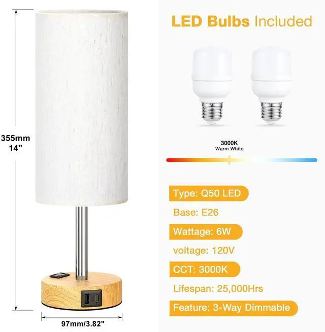 Alt view image 12 of 14 - Touch Bedside Table Lamps Set - 3 Way Dimmable Bedroom Lamps Set of 2 with USB C and A Ports, Small Lamps for Nightstand with AC Outlet, Wood Base Round Flaxen Shade for Desk, Office, Dorm, Nursery