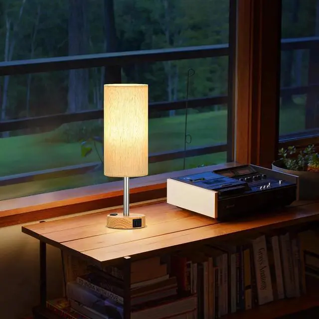 Alt view image 14 of 14 - Touch Bedside Table Lamps Set - 3 Way Dimmable Bedroom Lamps Set of 2 with USB C and A Ports, Small Lamps for Nightstand with AC Outlet, Wood Base Round Flaxen Shade for Desk, Office, Dorm, Nursery