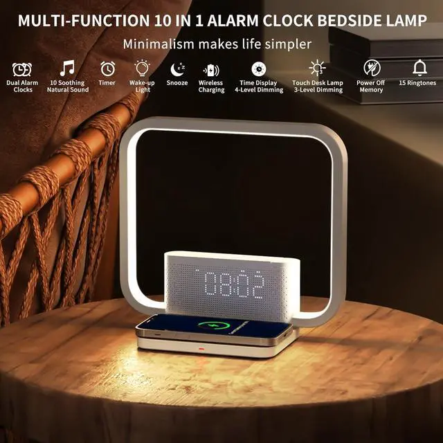 Alt view image 10 of 14 - Sunrise Alarm Clock for Heavy Sleepers,Touch Desk Lamps for Nightstand with Wireless Charger Station for iPhone/Samsung,Sound Machine,Wake Up Light/Snooze/Timer/10 Natural Sounds/3 Dimmable
