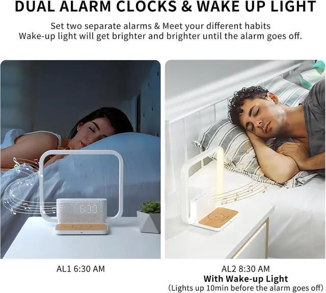 Alt view image 11 of 14 - Sunrise Alarm Clock for Heavy Sleepers,Touch Desk Lamps for Nightstand with Wireless Charger Station for iPhone/Samsung,Sound Machine,Wake Up Light/Snooze/Timer/10 Natural Sounds/3 Dimmable