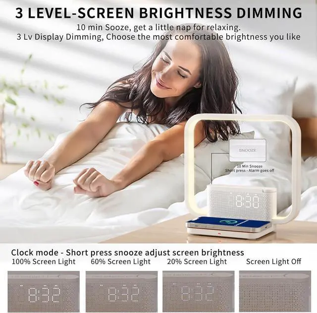 Alt view image 12 of 14 - Sunrise Alarm Clock for Heavy Sleepers,Touch Desk Lamps for Nightstand with Wireless Charger Station for iPhone/Samsung,Sound Machine,Wake Up Light/Snooze/Timer/10 Natural Sounds/3 Dimmable