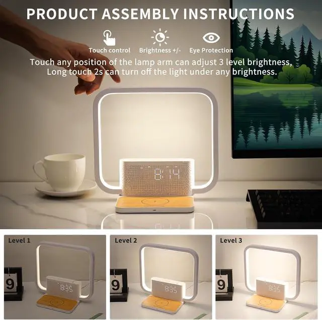Alt view image 13 of 14 - Sunrise Alarm Clock for Heavy Sleepers,Touch Desk Lamps for Nightstand with Wireless Charger Station for iPhone/Samsung,Sound Machine,Wake Up Light/Snooze/Timer/10 Natural Sounds/3 Dimmable
