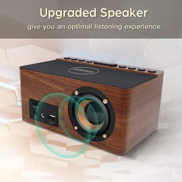Alt view image 13 of 14 - Wooden Digital LED Alarm Clock FM Radio, Fast Wireless Charger Station for iPhone/Samsung Galaxy, 5 Level Dimmer, USB Charging Port, 9 Sounds, Sleep Timer for Bedroom, Bedside, Desk