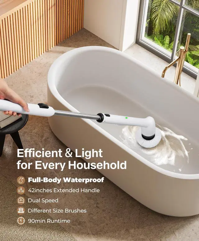 Alt view image 9 of 14 - Electric Spin Scrubber, New Full-Body IPX7 Waterproof Bathroom Cleaner Brush, Shower Scrubber with Long Handle & 2 Speed, Heads Replacement, Cleaning Supplies for Tub Shower Tile Floor