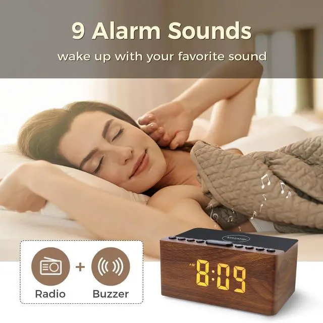 Alt view image 14 of 14 - Wooden Digital LED Alarm Clock FM Radio, Fast Wireless Charger Station for iPhone/Samsung Galaxy, 5 Level Dimmer, USB Charging Port, 9 Sounds, Sleep Timer for Bedroom, Bedside, Desk