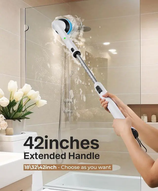 Alt view image 10 of 14 - Electric Spin Scrubber, New Full-Body IPX7 Waterproof Bathroom Cleaner Brush, Shower Scrubber with Long Handle & 2 Speed, Heads Replacement, Cleaning Supplies for Tub Shower Tile Floor