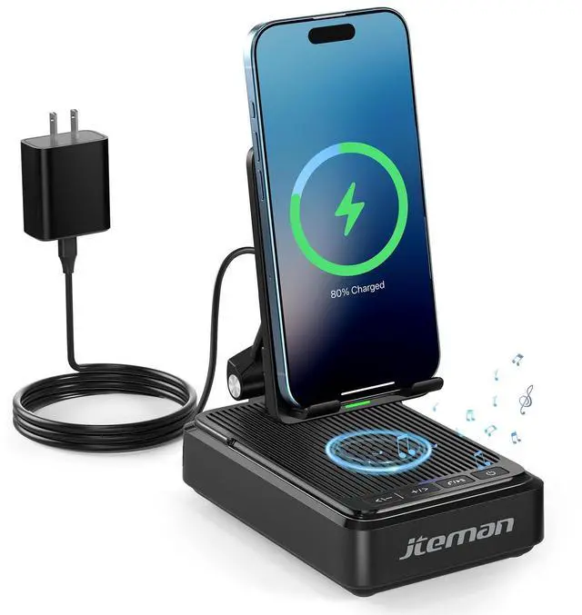 Alt view image 8 of 14 - Cell Phone Stand with Bluetooth Speaker and Wireless Charger,Desktop Charging Station Stand Speaker for iPhone,Christmas Birthday Gift for Men Women (Black)