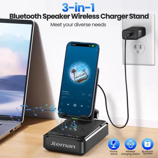 Alt view image 9 of 14 - Cell Phone Stand with Bluetooth Speaker and Wireless Charger,Desktop Charging Station Stand Speaker for iPhone,Christmas Birthday Gift for Men Women (Black)