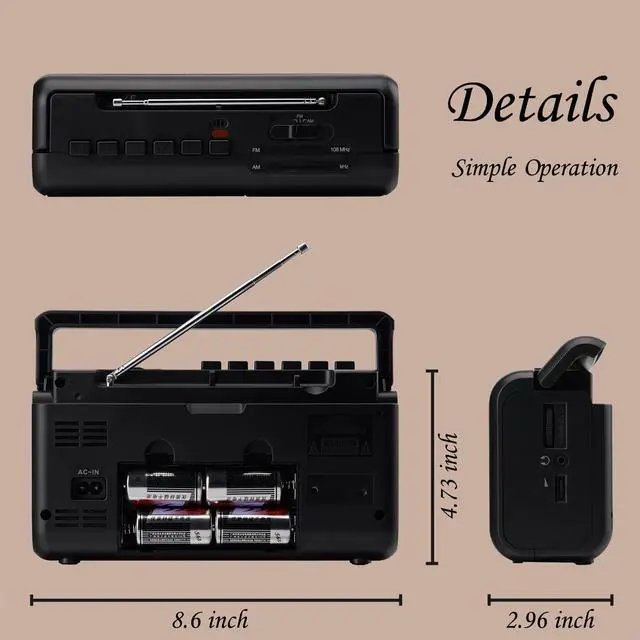 Alt view image 14 of 14 - Portable Cassette Player Boombox AM/FM Radio Stereo, Casette Tape Player Recorder with Earphone Jack Battery Operated or AC Powered
