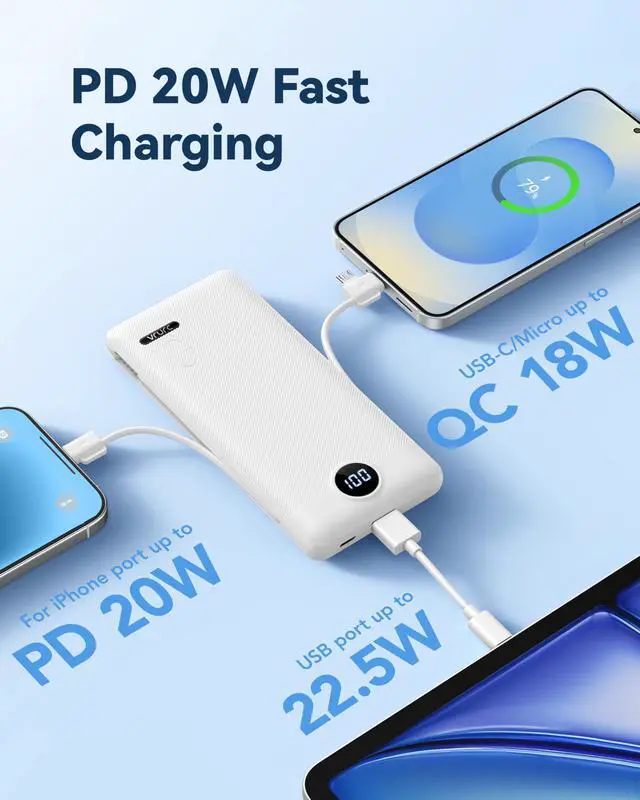 Alt view image 11 of 14 - Portable Charger Power Bank - 10000mAh Fast Charging 22.5W PD 20W Slim Portable Charger Built in Cables,Power Bank with Cords,USB C Portable Phone Charger Travel Accessories -White