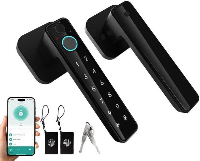 Alt view image 8 of 14 - 5-in-1 Smart Fingerprint Door Lock,Keyless Entry Digital Knob, Bluetooth App Control, Card and Key, Biometric Door Knob with Handle, Easy to Install for Exterior, Interior, Bedroom Doors