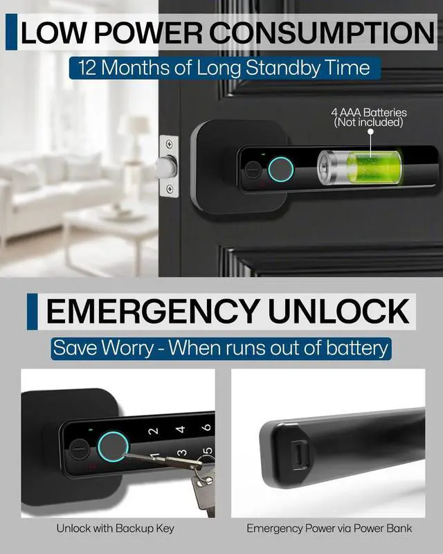Alt view image 11 of 14 - 5-in-1 Smart Fingerprint Door Lock,Keyless Entry Digital Knob, Bluetooth App Control, Card and Key, Biometric Door Knob with Handle, Easy to Install for Exterior, Interior, Bedroom Doors