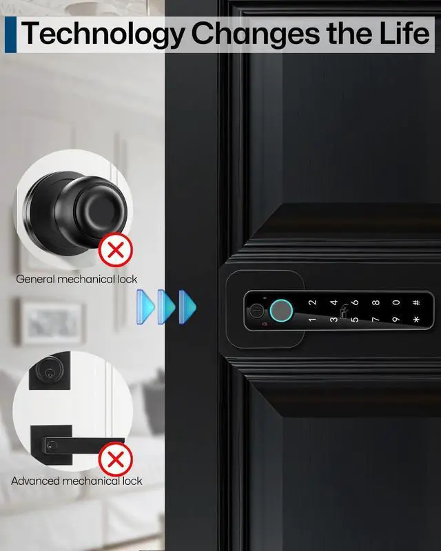 Alt view image 14 of 14 - 5-in-1 Smart Fingerprint Door Lock,Keyless Entry Digital Knob, Bluetooth App Control, Card and Key, Biometric Door Knob with Handle, Easy to Install for Exterior, Interior, Bedroom Doors