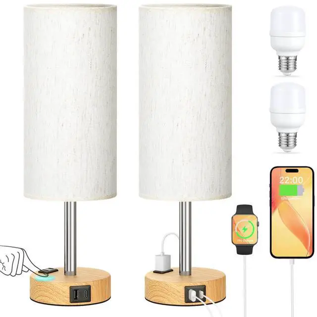 Alt view image 8 of 14 - Touch Bedside Table Lamps Set - 3 Way Dimmable Bedroom Lamps Set of 2 with USB C and A Ports, Small Lamps for Nightstand with AC Outlet, Wood Base Round Flaxen Shade for Desk, Office, Dorm, Nursery