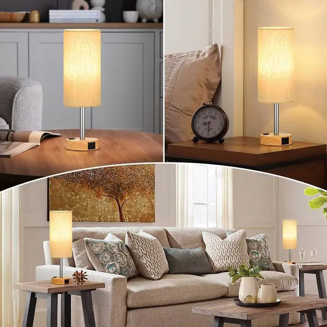 Alt view image 11 of 14 - Touch Bedside Table Lamps Set - 3 Way Dimmable Bedroom Lamps Set of 2 with USB C and A Ports, Small Lamps for Nightstand with AC Outlet, Wood Base Round Flaxen Shade for Desk, Office, Dorm, Nursery