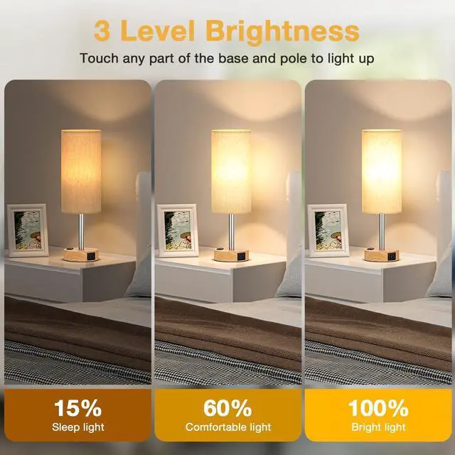 Alt view image 9 of 14 - Touch Bedside Table Lamps Set - 3 Way Dimmable Bedroom Lamps Set of 2 with USB C and A Ports, Small Lamps for Nightstand with AC Outlet, Wood Base Round Flaxen Shade for Desk, Office, Dorm, Nursery