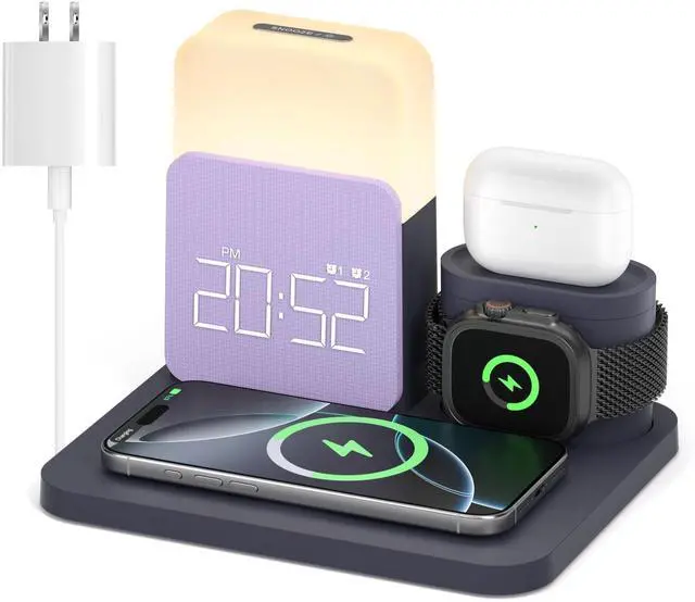 Alt view image 8 of 14 - Alarm Clock Charging Station for Bedrooms, 7 in 1 Wireless Charging Station, Magnetic Charger with Night Light Bedside Clock for iPhone 17 16 15 14 13 12 Pro Max, Apple Watch, AirPods (Deep Purple)