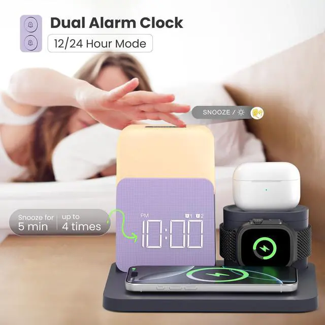 Alt view image 10 of 14 - Alarm Clock Charging Station for Bedrooms, 7 in 1 Wireless Charging Station, Magnetic Charger with Night Light Bedside Clock for iPhone 17 16 15 14 13 12 Pro Max, Apple Watch, AirPods (Deep Purple)