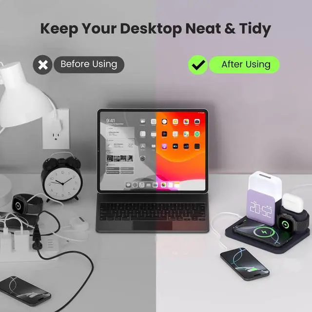 Alt view image 11 of 14 - Alarm Clock Charging Station for Bedrooms, 7 in 1 Wireless Charging Station, Magnetic Charger with Night Light Bedside Clock for iPhone 17 16 15 14 13 12 Pro Max, Apple Watch, AirPods (Deep Purple)