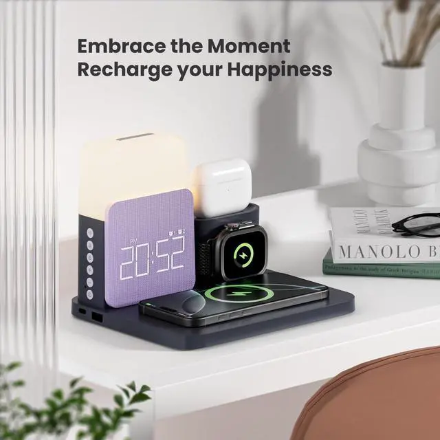 Alt view image 14 of 14 - Alarm Clock Charging Station for Bedrooms, 7 in 1 Wireless Charging Station, Magnetic Charger with Night Light Bedside Clock for iPhone 17 16 15 14 13 12 Pro Max, Apple Watch, AirPods (Deep Purple)