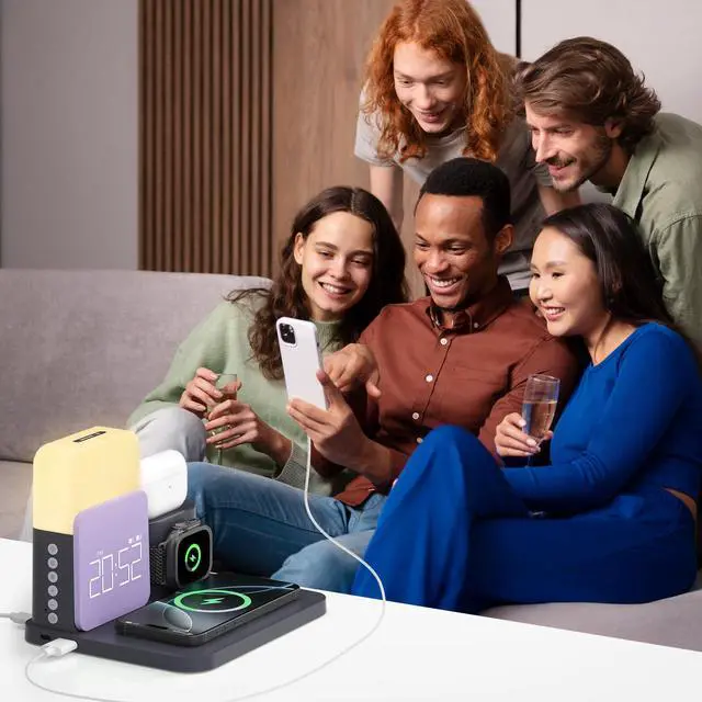 Alt view image 13 of 14 - Alarm Clock Charging Station for Bedrooms, 7 in 1 Wireless Charging Station, Magnetic Charger with Night Light Bedside Clock for iPhone 17 16 15 14 13 12 Pro Max, Apple Watch, AirPods (Deep Purple)