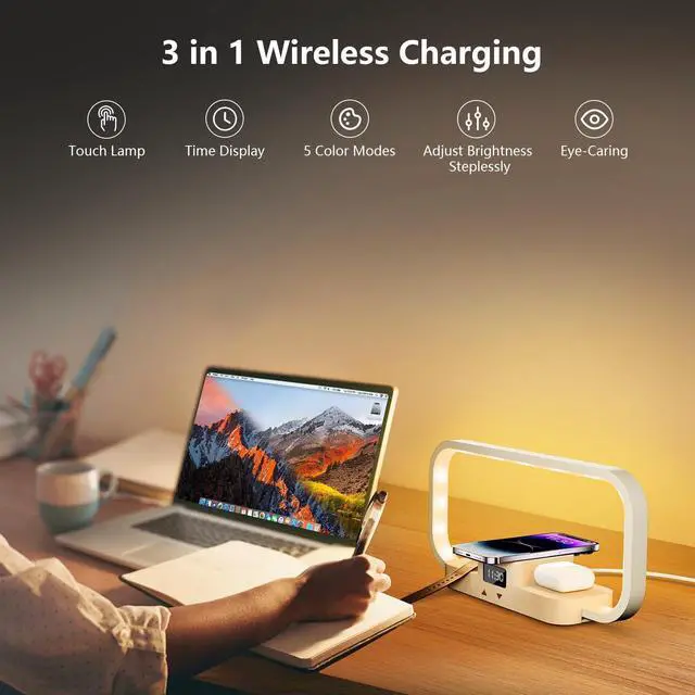 Alt view image 14 of 14 - LED Bedside Lamp with Wireless Charger, 3-in-1 Touch Control Table Lamp with Clock, Dimmable Nightstand Lamp with 5 Color Modes, Modern Bedroom Desk Lamp, Gift for Women & Men,Wooden,Adapter Included