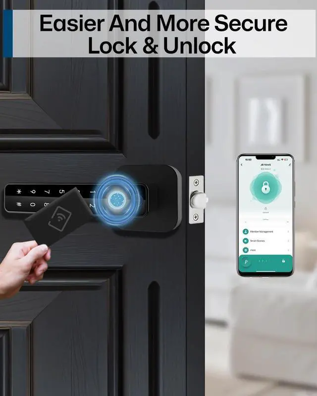 Alt view image 13 of 14 - 5-in-1 Smart Fingerprint Door Lock,Keyless Entry Digital Knob, Bluetooth App Control, Card and Key, Biometric Door Knob with Handle, Easy to Install for Exterior, Interior, Bedroom Doors