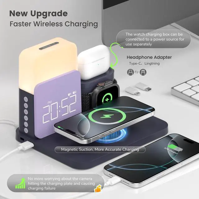 Alt view image 9 of 14 - Alarm Clock Charging Station for Bedrooms, 7 in 1 Wireless Charging Station, Magnetic Charger with Night Light Bedside Clock for iPhone 17 16 15 14 13 12 Pro Max, Apple Watch, AirPods (Deep Purple)